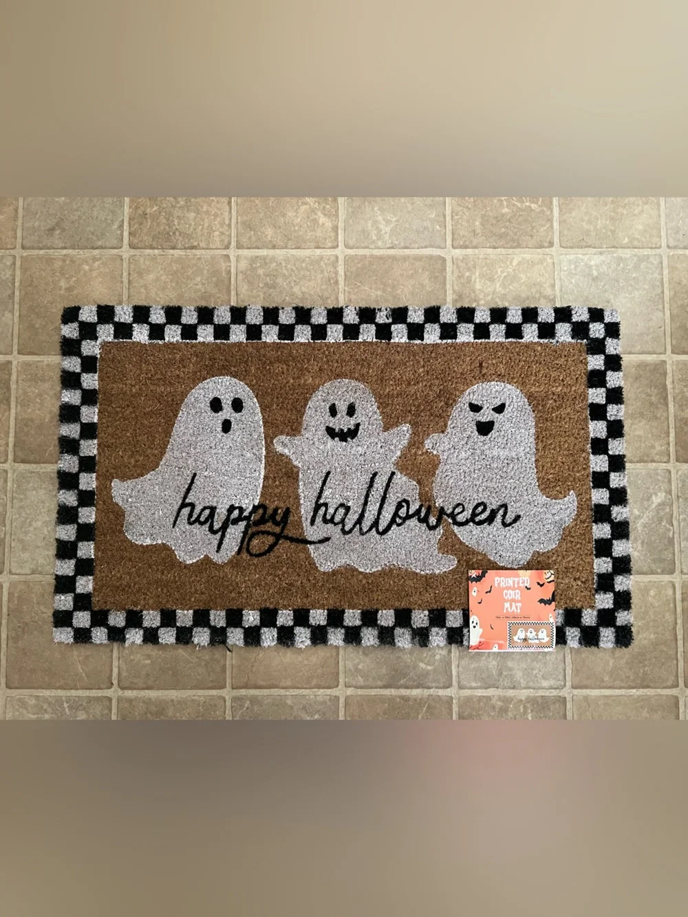 Happy Halloween Checkered Ghost Printed Coir Doormat - Black, White, Brown